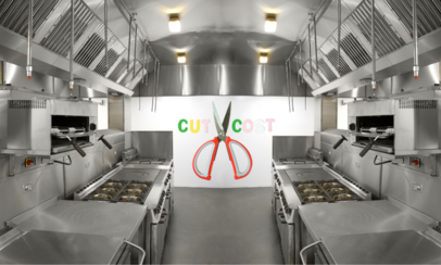 View of a commercial kitchen with "cut cost" written and scissors at the end on the wall