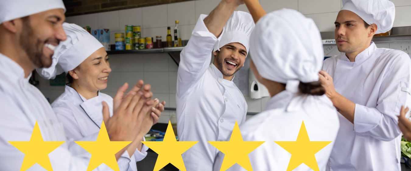 Customer Success Page with chefs giving highfives with 5 gold stars underneath. 