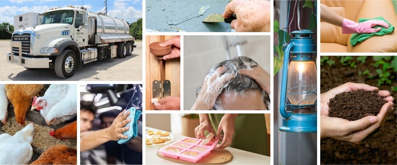 Collage of a DAR PRO Solutions semitruck, chickens eating animal feed, man wiping car, hand removing paint from wall, hand oiling a door hinge, woman shampooing hair, person making soap out of a mold, oil lantern, person wiping down leather couch, person holding soil in their hands from a garden​