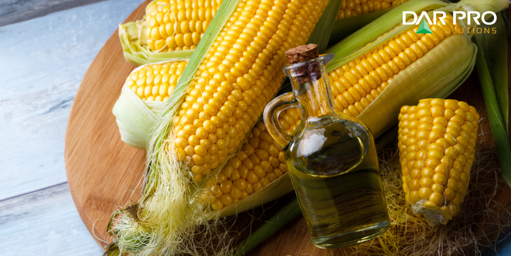 Corn on the cob with a container of oil. 